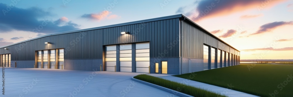 Obraz premium Industrial warehouse, loading docks, sunset sky, modern architecture, metal siding, concrete structure, evening light, logistics center, commercial building, distribution facility, cargo doors, reflec