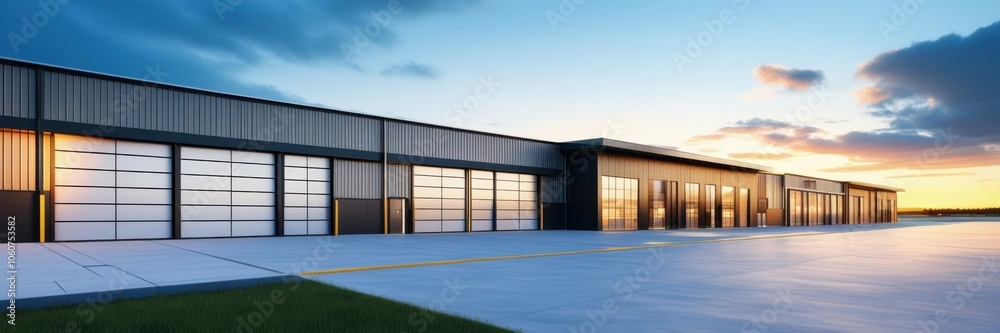 Industrial warehouse, loading docks, sunset sky, modern architecture, metal siding, concrete structure, evening light, logistics center, commercial building, distribution facility, cargo doors, reflec Industrial warehouse, loading docks, sunset sky, modern architecture, metal siding, concrete structure, evening light, logistics center, commercial building, distribution facility, cargo doors, reflec