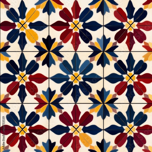 A repeating pattern of colorful geometric tiles, with a cream background, red, blue, and yellow accents.