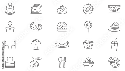 Restaurant and Food line icon set. Food, fish, chicken, spoon, cake, fruit, burger, donuts, juice, water, table, customer line icon set. UI thin line icon pack.