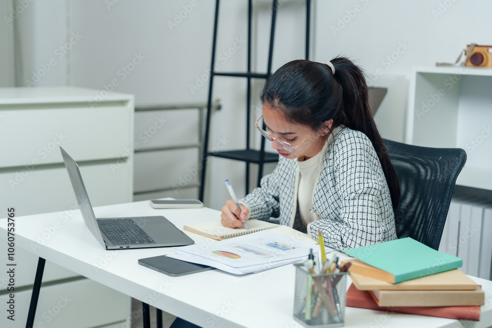 Young Asian woman taking notes while working at desk in an office environment, showing focus and commitment to her tasks, representing a productive and professional workday. Young Asian woman taking notes while working at desk in an office environment, showing focus and commitment to her tasks, representing a productive and professional workday.