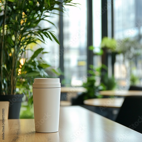 A minimalist coffee cup sits on a wooden table, surrounded by lush greenery indoors, capturing a serene and inviting cafe atmosphere. photo