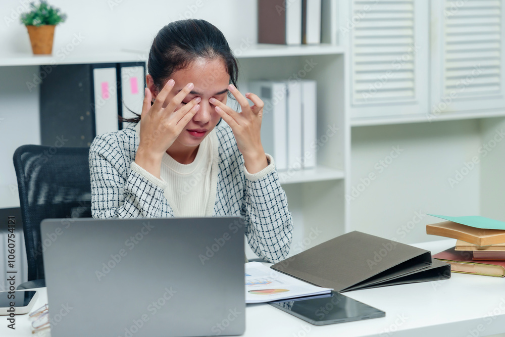 Young Asian woman working at desk in office, reviewing documents on laptop, with thoughtful expression, portraying focus, dedication, and analytical mindset in a professional environment. Young Asian woman working at desk in office, reviewing documents on laptop, with thoughtful expression, portraying focus, dedication, and analytical mindset in a professional environment.