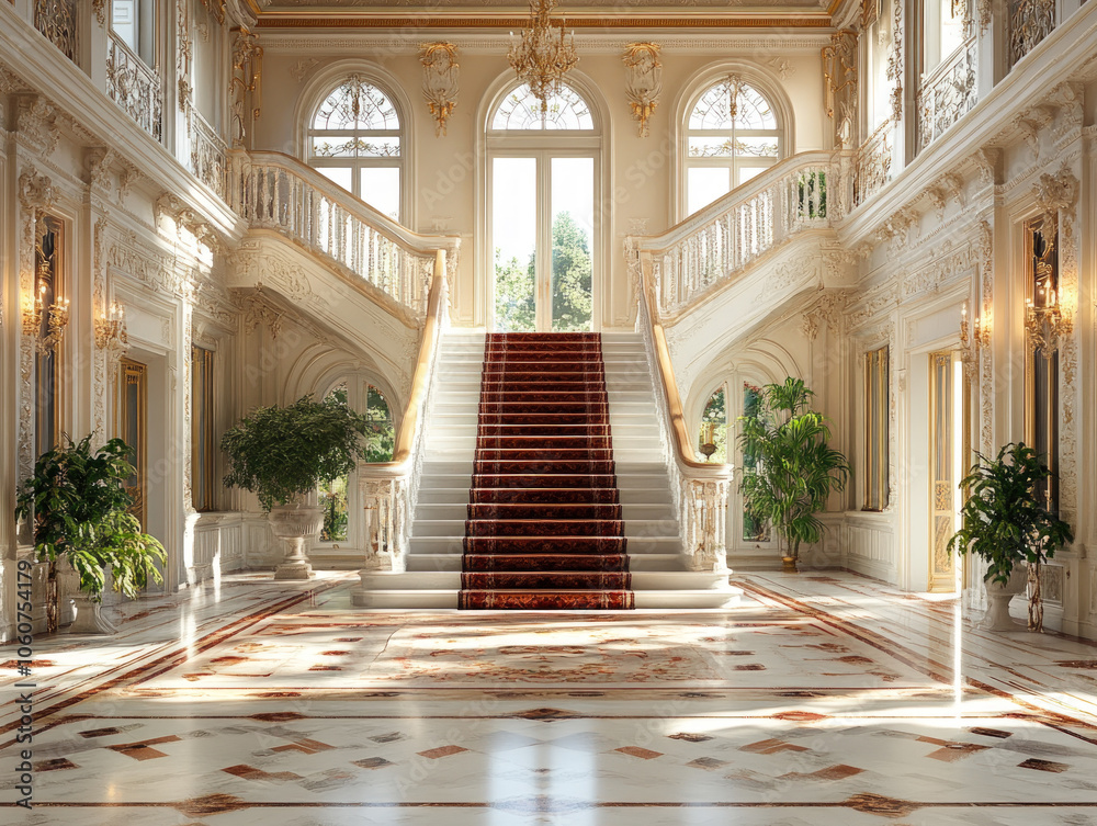 Fototapeta premium Luxurious Grand Foyer With Marble Floors And Elegant Staircase