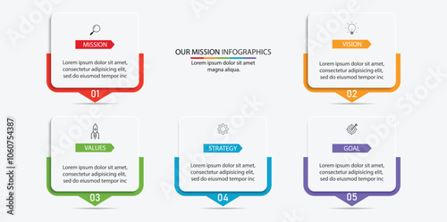 Mission, vision, values, graphic design template.eps 10 on white background, Can be used for presentation workflow layout, banner, process, diagram, flowchart, infographic, annual report.