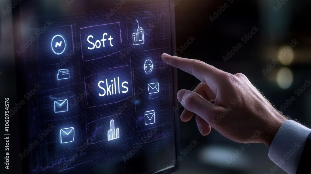 Obraz premium A businessman uses a virtual screen with icons related to skills and abilities.