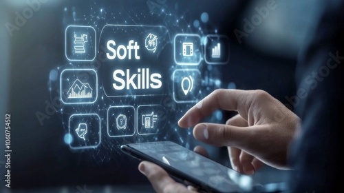 A man in a business suit activates virtual icons of "Soft Skills".