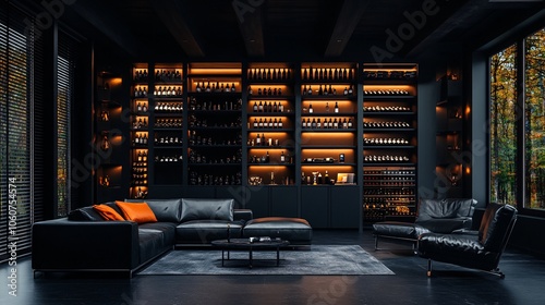 Elegant luxury garage wine cellar showcasing sleek metal shelving with ambient lighting for an exquisite storage experience