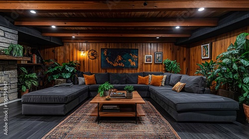 Transforming a basement into a midcentury modern lounge with low-profile furniture and lush greenery for a cozy retreat experience