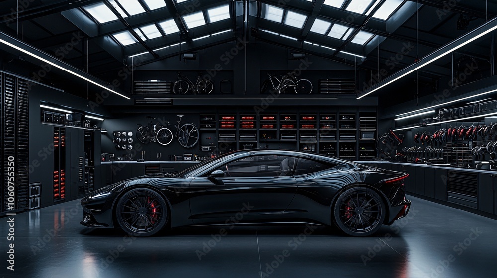Sleek minimalist garage showcases built-in storage and a modern automotive aesthetic with a focus on functionality and design Sleek minimalist garage showcases built-in storage and a modern automotive aesthetic with a focus on functionality and design