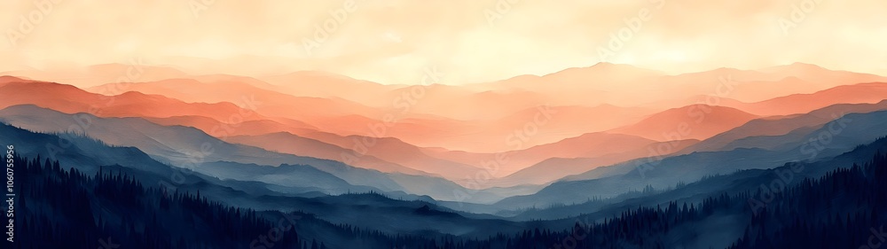 A serene landscape depicting layered mountains at dusk, showcasing soft hues of orange, pink, and blue. The tranquil mood evokes a sense of peace and wonder. A serene landscape depicting layered mountains at dusk, showcasing soft hues of orange, pink, and blue. The tranquil mood evokes a sense of peace and wonder.