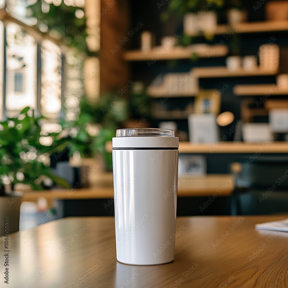 A white travel mug sits on a wooden table in a cozy cafe, surrounded by lush greenery and warm lighting, perfect for enjoying your favorite beverage. A white travel mug sits on a wooden table in a cozy cafe, surrounded by lush greenery and warm lighting, perfect for enjoying your favorite beverage.