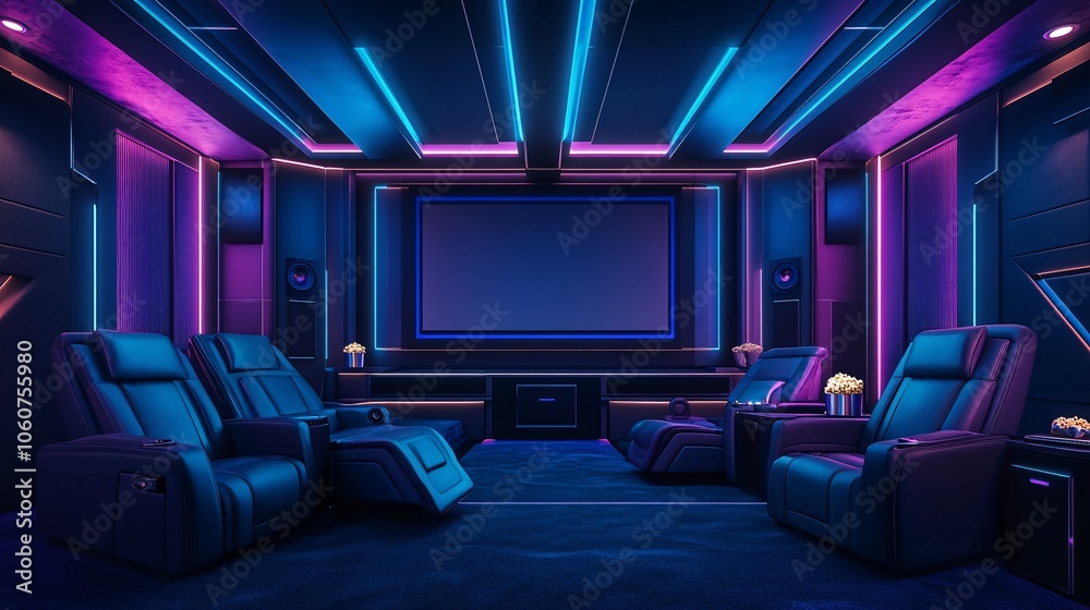 Create a modern home theater experience with plush reclining seats in a sleek basement design enhanced by vibrant lighting Create a modern home theater experience with plush reclining seats in a sleek basement design enhanced by vibrant lighting