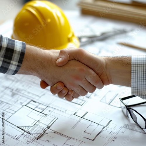 Two professionals shake hands over project plans, symbolizing collaboration and partnership in construction or architecture.