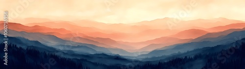 A serene landscape depicting layered mountains at dusk, showcasing soft hues of orange, pink, and blue. The tranquil mood evokes a sense of peace and wonder.