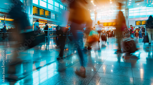 Blurred people at an airport, capturing the movement and activity in a travel hub.