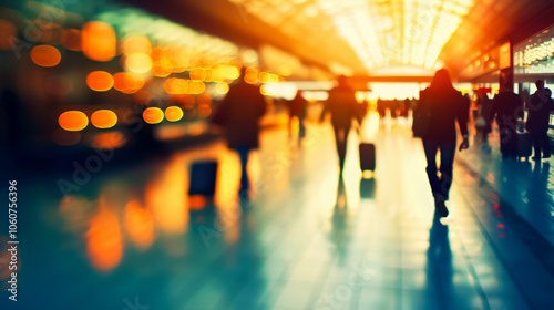 Blurred people at an airport, capturing the movement and activity in a travel hub.