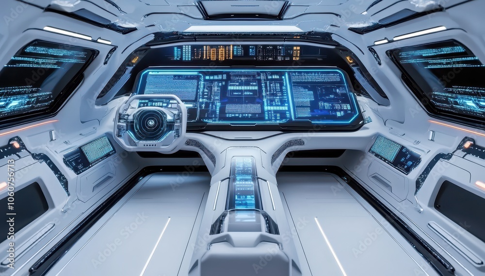 Obraz premium Futuristic autonomous vehicle cockpit with advanced digital displays and controls