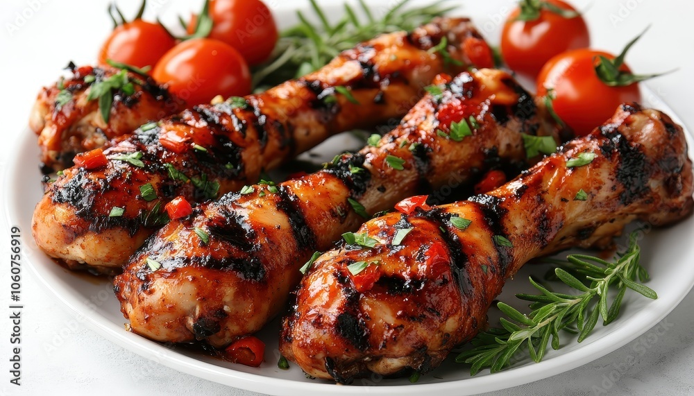 Grilled chicken legs garnished with herbs and tomatoes on a white background