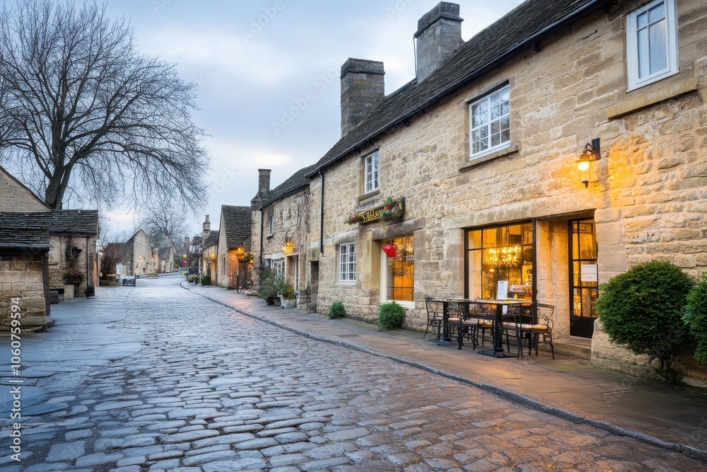 Obraz premium Charming Cobbled Streets of an Old English Town With Glowing Shop Windows on a Tranquil Evening