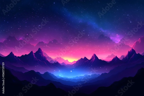 A breathtaking digital painting of a mystical mountain landscape under a starry night sky, featuring vibrant shades of purple, pink, and blue creating a dreamy atmosphere.