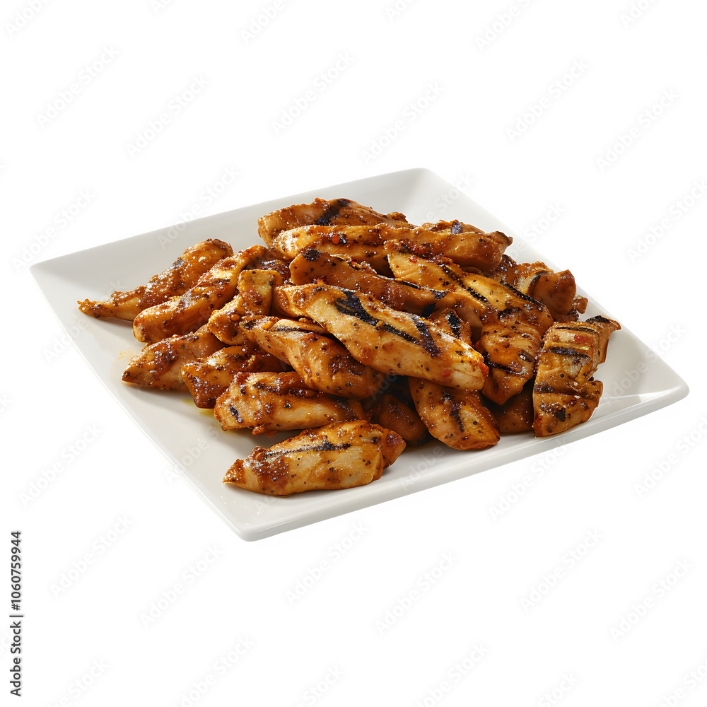 Delicious grilled chicken tenders served on a white plate, perfect for menus, advertisements, and food-related designs with a transparent background for easy editing Delicious grilled chicken tenders served on a white plate, perfect for menus, advertisements, and food-related designs with a transparent background for easy editing