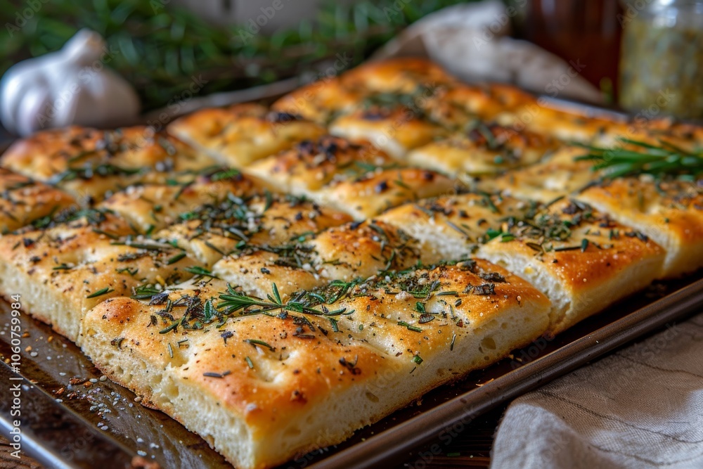 Freshly baked focaccia bread topped with rosemary and sea salt, perfect for sharing at a gathering on a rustic wooden table
