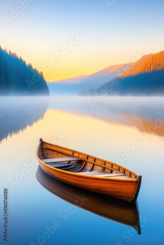 Serene Sunrise at a Mountain Lake With Mist and a Lone Boat Surrounded by Pine Trees