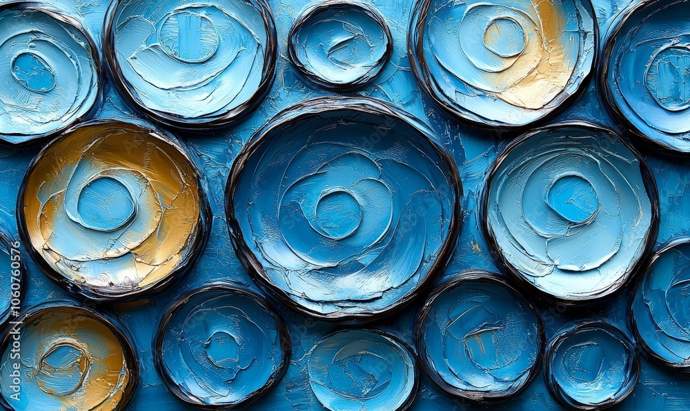 Abstract artwork featuring circular shapes in shades of blue and gold.