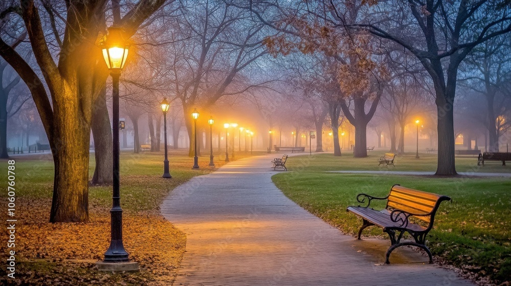 Obraz premium Enchanting Evening in the Park: A Serene Path Lit by Glowing Lamps