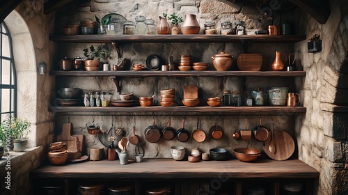 Embracing wabi-sabi aesthetic in a kitchen with reclaimed wooden countertops and rustic accessories