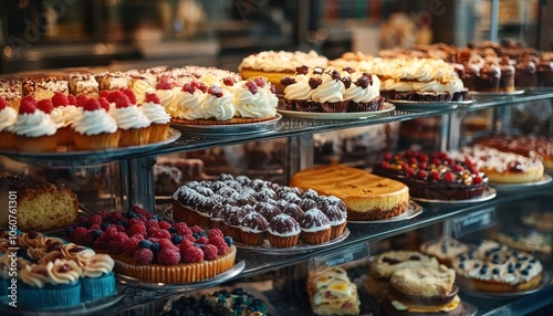 Delicious small cakes beautifully displayed at a patisserie counter in the afternoon