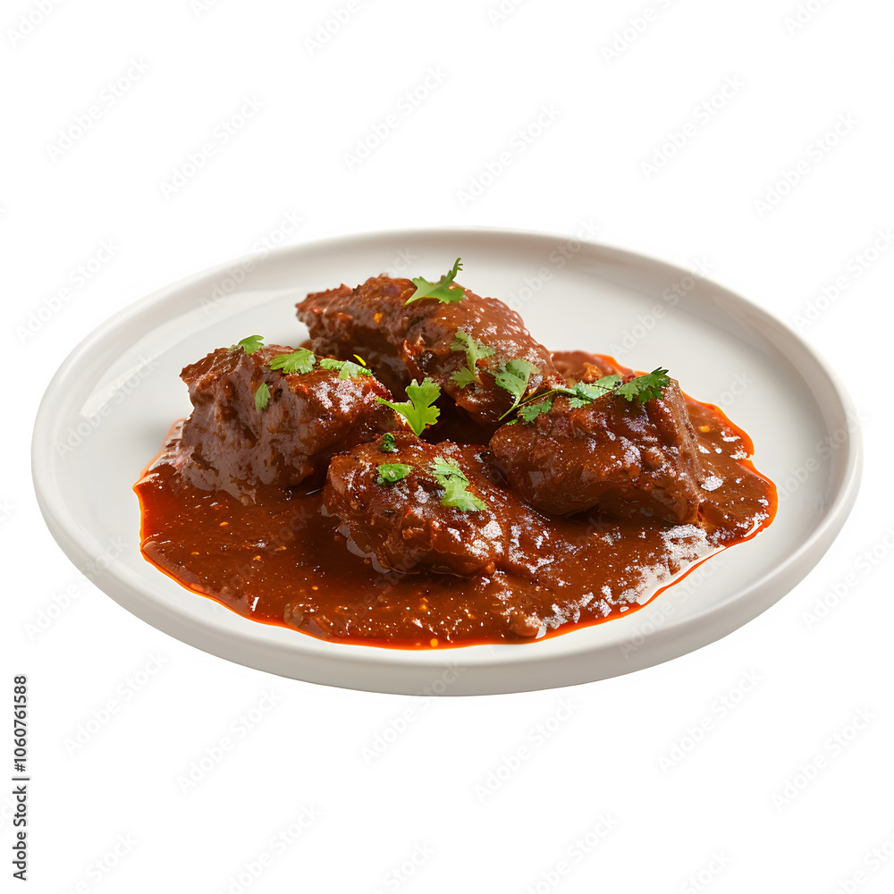 Delicious spicy beef curry garnished with cilantro, presented on a white plate, ideal for food blogs, menus, and culinary showcases Delicious spicy beef curry garnished with cilantro, presented on a white plate, ideal for food blogs, menus, and culinary showcases