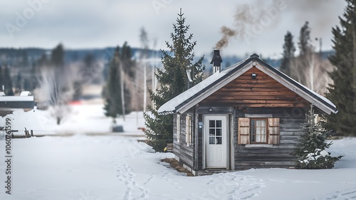 A Small Wooden Cabin with Smoke Rising from the Chimney in a Snowy Forest photo