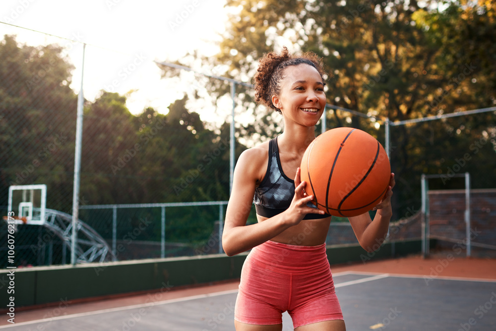 Woman, sport and ball on basketball court as athlete or player for challenge as ready for training. Female person, warm up and outdoor for competition, match and game in physical activity or exercise Woman, sport and ball on basketball court as athlete or player for challenge as ready for training. Female person, warm up and outdoor for competition, match and game in physical activity or exercise