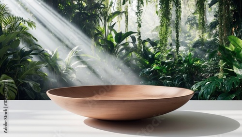 Wooden bowl in a lush green jungle with sunlight.