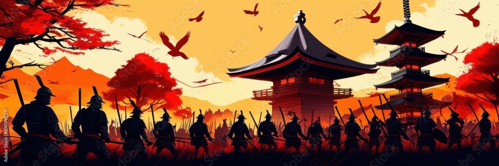 Japanese pagoda silhouette, red sunset sky, flying birds, forest treeline, dramatic landscape, oriental architecture, atmospheric scene, golden sun, black shadows, Asian-inspired artwork, vibrant colo Japanese pagoda silhouette, red sunset sky, flying birds, forest treeline, dramatic landscape, oriental architecture, atmospheric scene, golden sun, black shadows, Asian-inspired artwork, vibrant colo