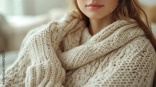 cozy sweater draped over a woman radiating warmth and style showcasing soft textured fabric in a soothing color emphasizing comfort and fashion in a relaxed indoor setting