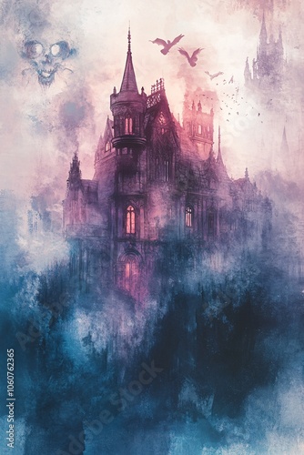 Mysterious castle emerges from the enveloping mist as bats fly overhead creating an enigmatic scene that evokes a sense of intrigue and wonder in the twilight sky