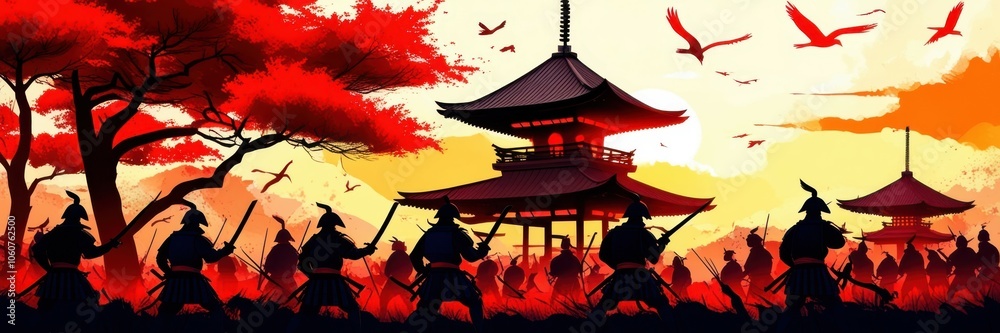 Obraz premium Japanese pagoda silhouette, red sunset sky, flying birds, forest treeline, dramatic landscape, oriental architecture, atmospheric scene, golden sun, black shadows, Asian-inspired artwork, vibrant colo