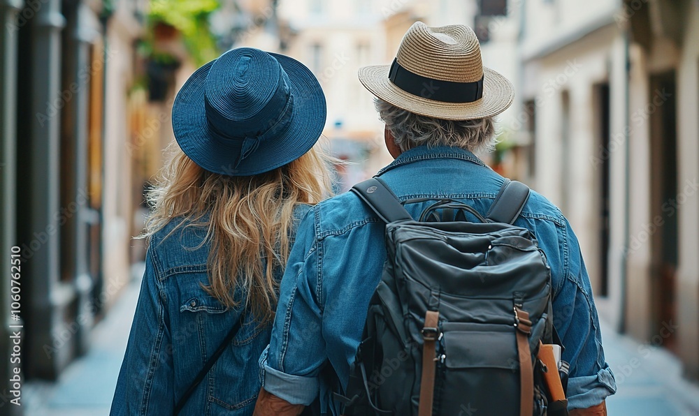 Happy senior couple in denim shirts and hats walking through the city, summer... Happy senior couple in denim shirts and hats walking through the city, summer...