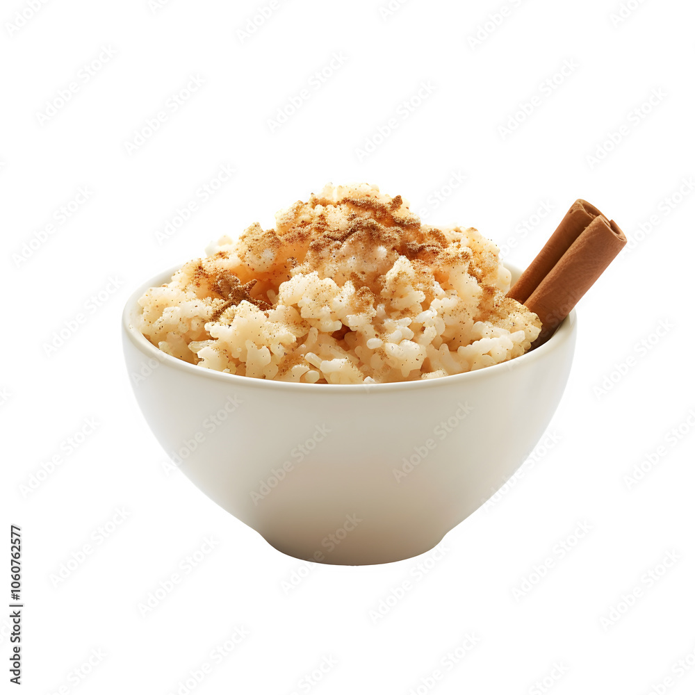 Dish of smooth rice pudding sprinkled with cinnamon and decorated with cinnamon sticks, set against a clear background Dish of smooth rice pudding sprinkled with cinnamon and decorated with cinnamon sticks, set against a clear background