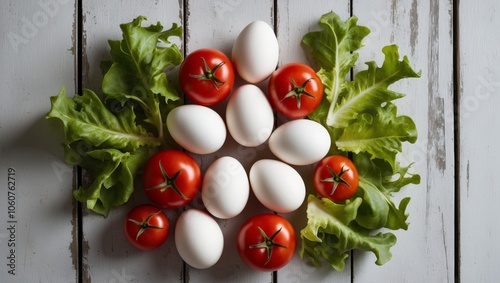 boiled eggs with fresh tomatoes and lettuce on rustic wooden background. photo