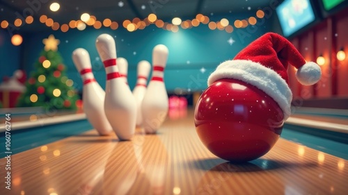 Festive bowling fun: christmas-themed bowling ball and pins in holiday spirit