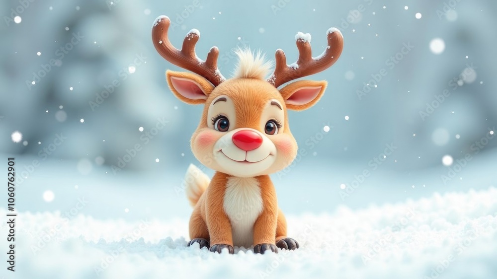 Fototapeta premium Adorable reindeer sitting in snowy wonderland, whimsical winter holiday scene