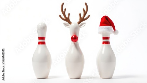 Festive bowling: quirky holiday-themed pins with reindeer and santa hat decorations