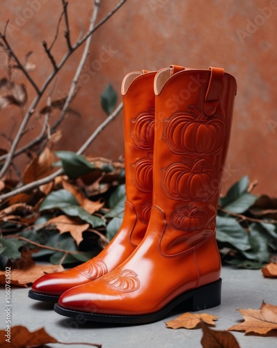 fashionable shiny orange boots with pumpkin design on a leafy autumn background. photo