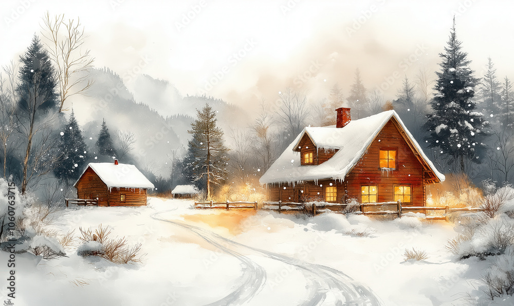 Winter picture, with the image of a snowy road and charming houses.