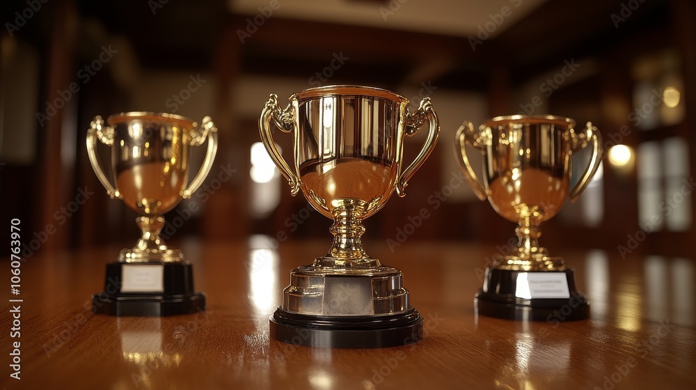 Three shiny trophies arranged on a wooden table, symbolizing achievement and success. Three shiny trophies arranged on a wooden table, symbolizing achievement and success.