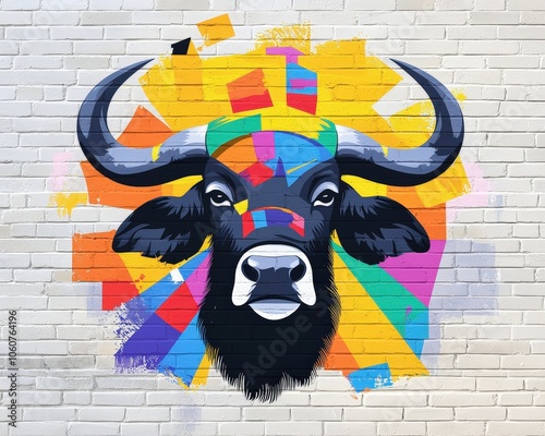 Mural of a Thai buffalo in a stylized and contemporary graffiti style photo